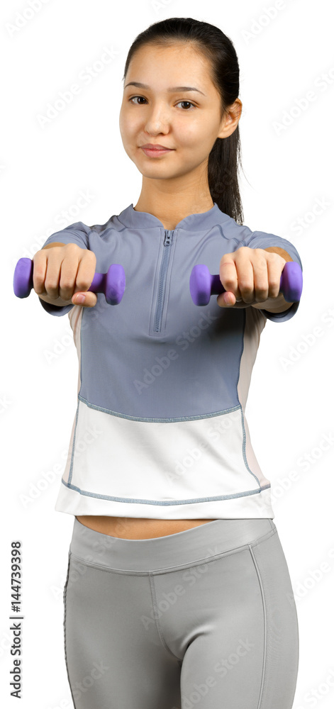 Beautiful woman holding dumbbells isolated on white Beautiful woman holding dumbbells isolated on white