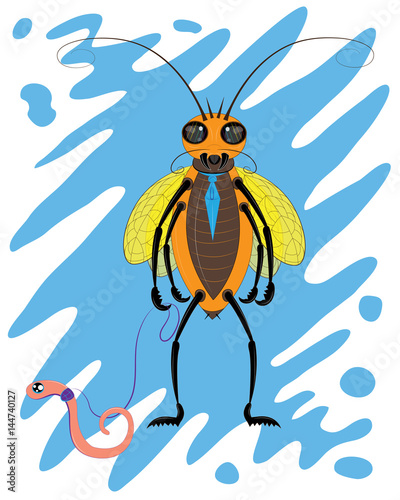 The red cockroach walks a worm