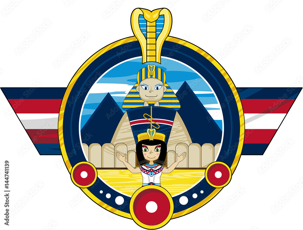 Naklejka premium Cartoon Egyptian Queen and Sphinx