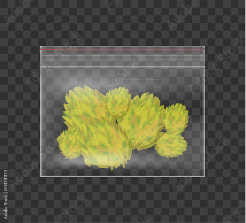 Realistic plastic bag of medicinal cannabis. Marijuana isolated on checkered background. Vector illustration.