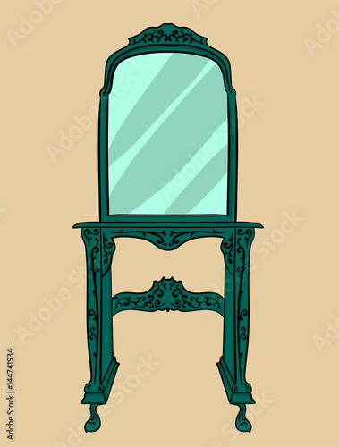 Wooden blue-green table with carved details and a large mirror stands on a beige background eps 10 illustration