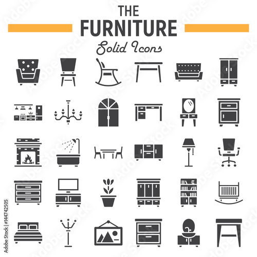 Furniture solid icon set, interior symbols collection, vector sketches, logo illustrations, filled pictograms package isolated on white background, eps 10.