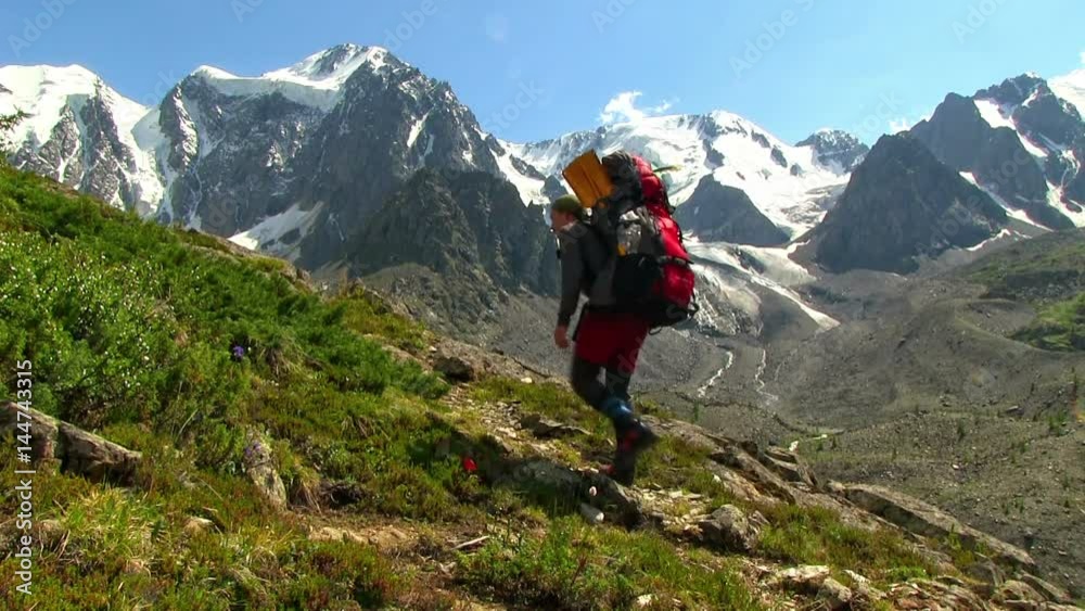 Man traveler walks along high mountain valley against of glacier-covered mountains
Man traveler walks along high mountain valley against of glacier-covered mountains