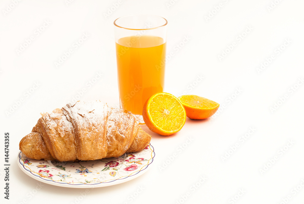 Orange juice in glass jar, on white background and Croissant, isolated 