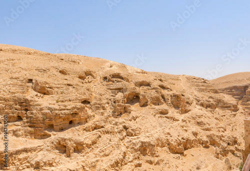 Kidron river canyon. Panorama viewed from terrace of The Great Lavra of St. Sabbas the Sanctified  Mar Saba  in Judean desert. Palestine  Israel.   