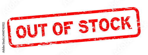 Grunge red out of stock square rubber seal stamp on white background