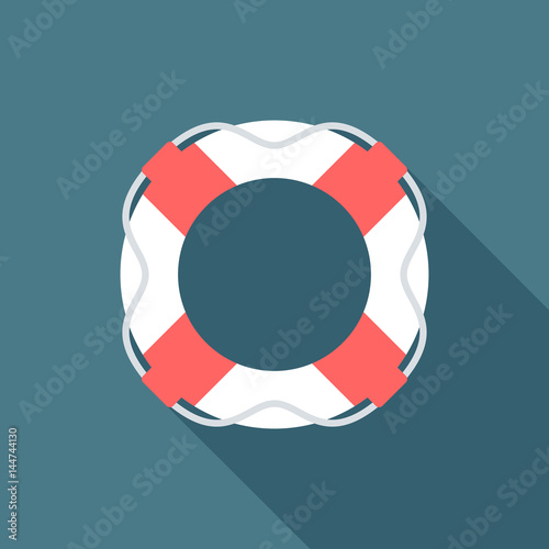 Lifebuoy icon with long shadow. Flat design style. Lifebuoy silhouette. Simple icon. Modern flat icon in stylish colors. Web site page and mobile app design element.