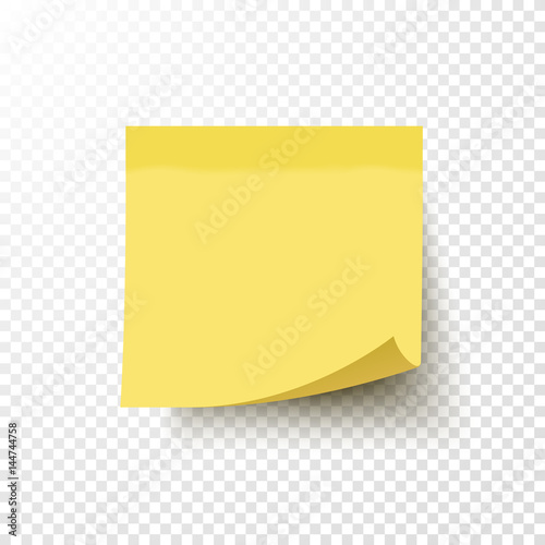 Yellow sticky note with curled corner isolated on transparent background. Note post memo, label. Realistic template, mockup with shadow for your projects. Vector stock illustration. 