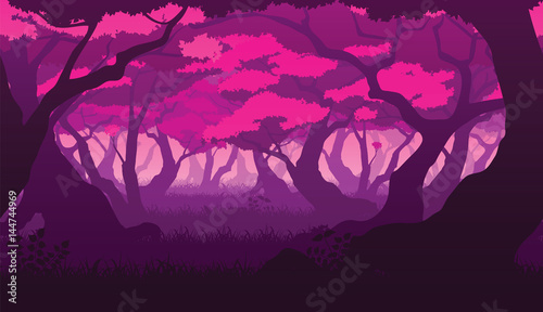 Seamless background of landscape with deep flat sakura forest.