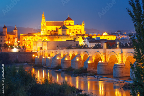 Illuminated Great Mosque Mezquita - Catedral de Cordoba with mirror reflection and Roman bridge across Guadalquivir river during evening blue hour, Cordoba, Andalusia, Spain