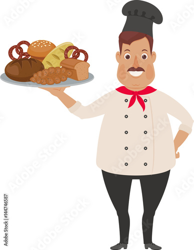 Happy chef with many breads
