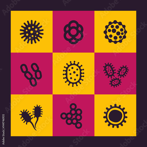 bacteria, microbes and viruses icons, microbiology pictograms set