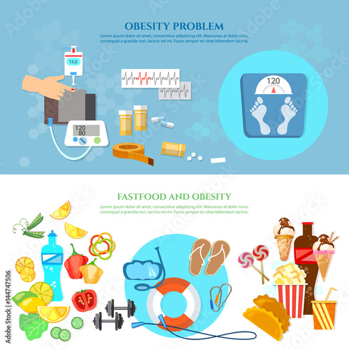 Obesity problem banner unhealthy eating diet sports and gymnastics overweight vector
