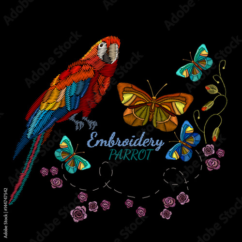 Embroidery, parrot, butterflies, flowers. Beautiful tropical embroidery