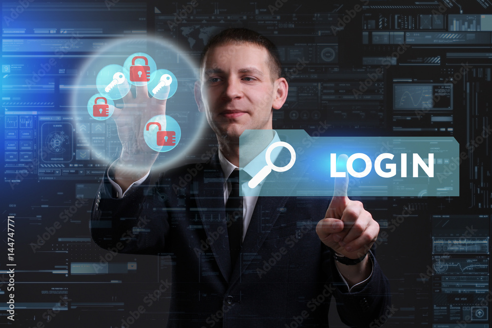 Business, Technology, Internet and network concept. Young businessman working on a virtual screen of the future and sees the inscription: Login