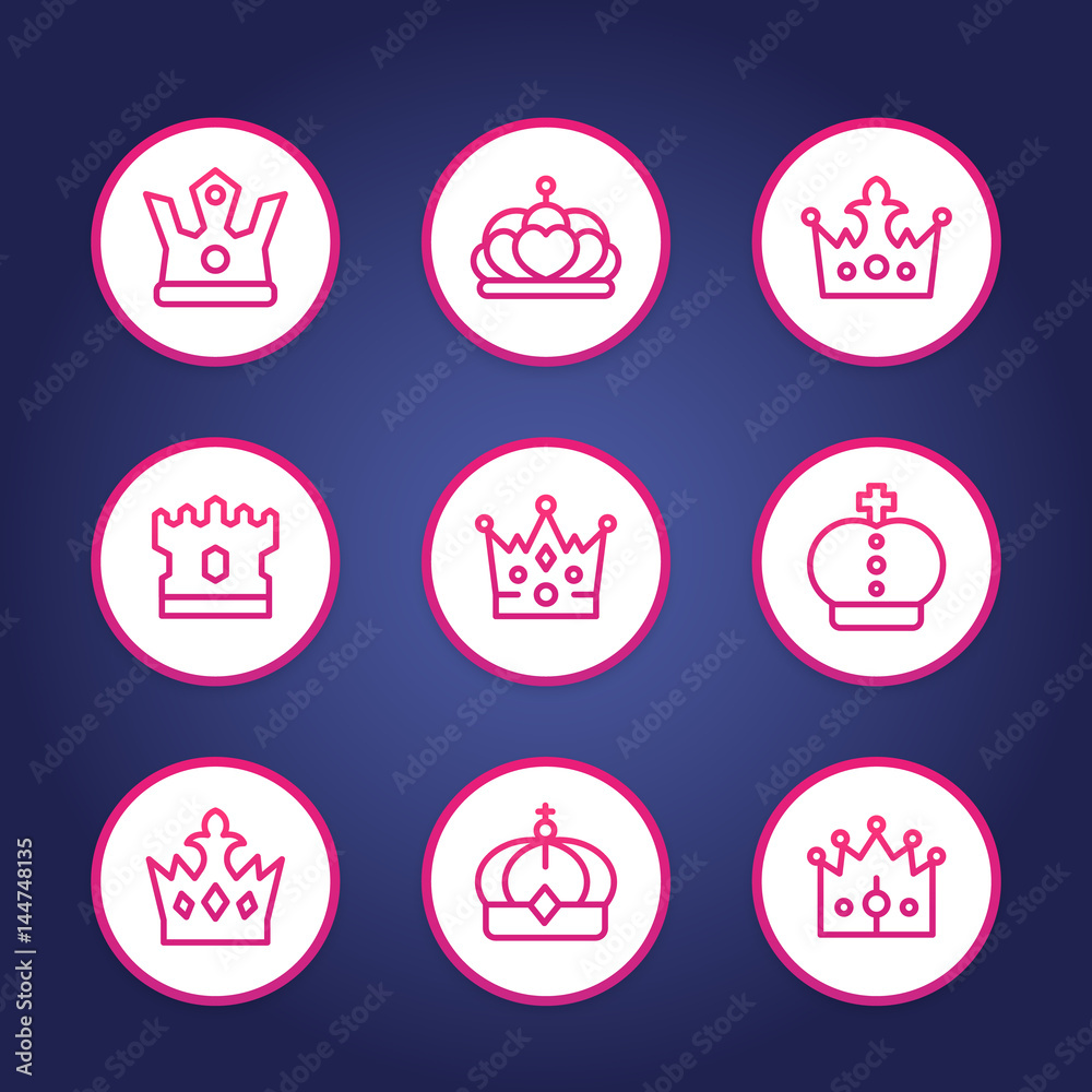 crowns line round icons, royalty, king, monarch, sovereign, queen symbols