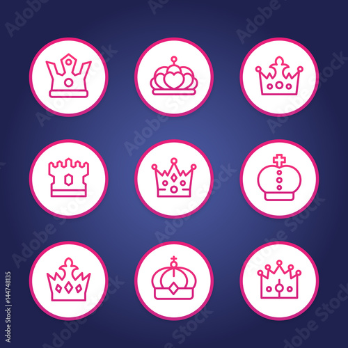crowns line round icons, royalty, king, monarch, sovereign, queen symbols