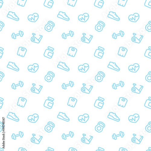 fitness pattern, seamless background with blue fitness icons on white, vector illustration