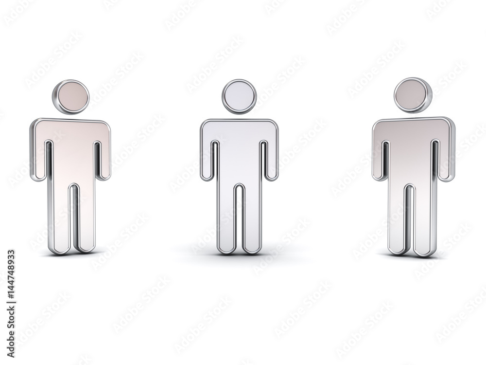 Metal 3d man symbol with three different view angles isolated on white background. 3D rendering. Metal 3d man symbol with three different view angles isolated on white background. 3D rendering.