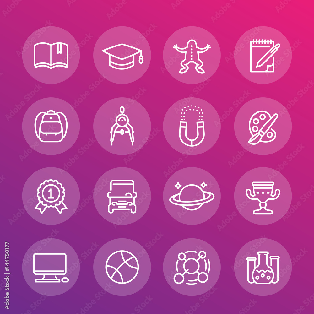 school and college line icons set, education, computer class, astronomy, physics, biology, geometry, graduation cap, backpack school and college line icons set, education, computer class, astronomy, physics, biology, geometry, graduation cap, backpack