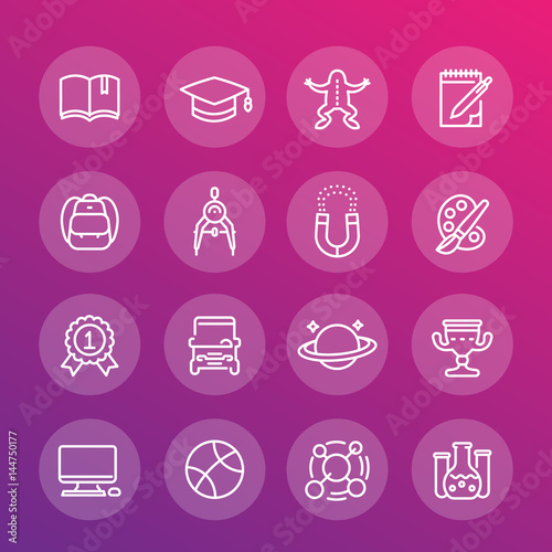 school and college line icons set, education, computer class, astronomy, physics, biology, geometry, graduation cap, backpack