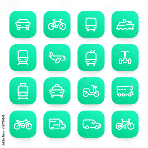 Transport line icons set, ship, train, airplane, bike, car, motorbike, bus, taxi, trolleybus, subway, air and maritime transportation