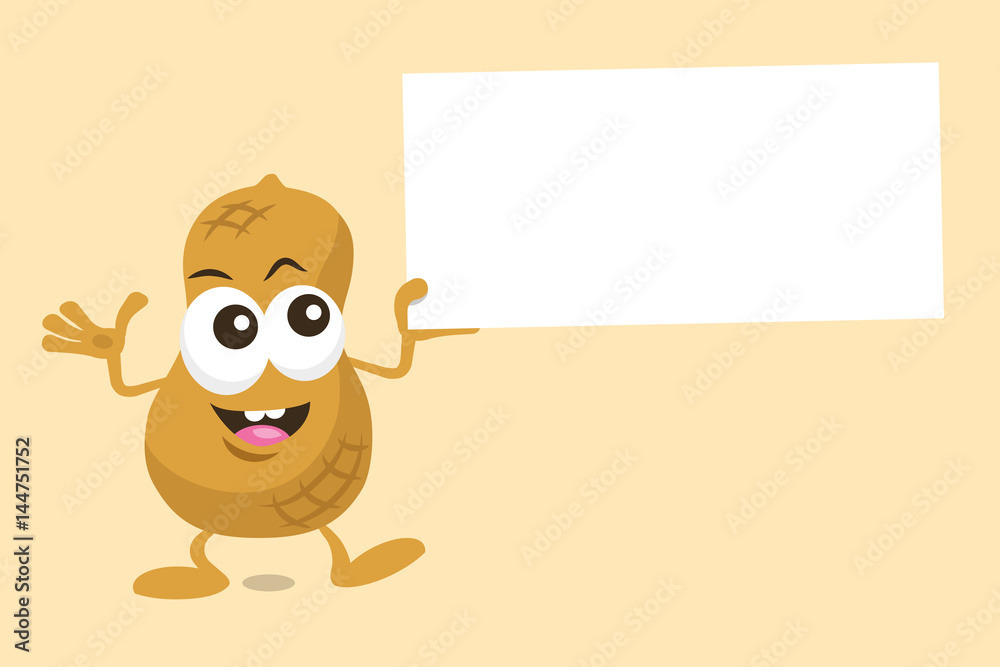 Fototapeta premium Illustration of cute peanut mascot with offer label in his hand. Isolated on light background.