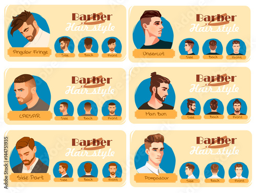 Men's haircut and hairstyle. Side part haircut. Pompadour, Undercut, Man Bun. Barber hairstyle. Front, side and back view