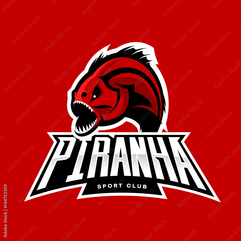 Obraz premium Furious piranha sport vector logo concept isolated on red background.