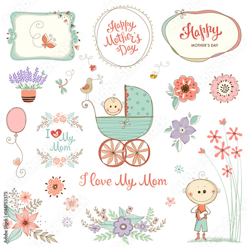 Mother's Day set with typographic design elements. Flowers, branches, wreath and frames, floral bouquets, plant pot, baby carriage and little boy. Vector illustration.