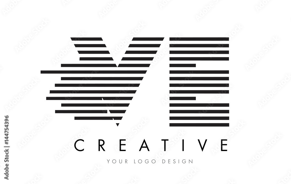 VE V E Zebra Letter Logo Design with Black and White Stripes