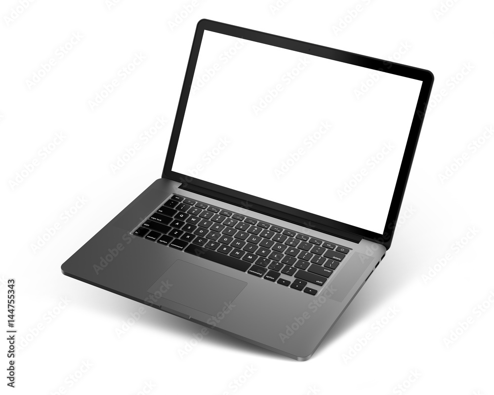 Laptop with blank screen isolated on white background, dark aluminium body. Whole in focus. High detailed, resolution image. Laptop with blank screen isolated on white background, dark aluminium body. Whole in focus. High detailed, resolution image.
