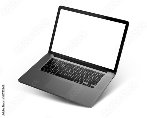 Laptop with blank screen isolated on white background, dark aluminium body. Whole in focus. High detailed, resolution image.
