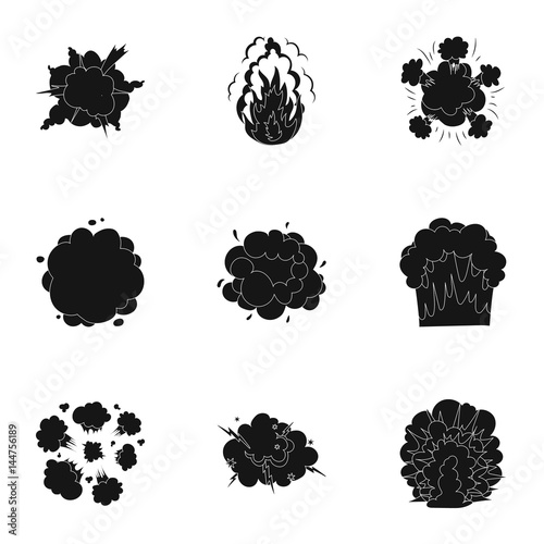 A set of icons about the explosion. Various explosions, a cloud of smoke and fire.Explosions icon in set collection on black style vector symbol stock illustration.