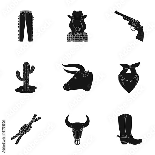 A set of pictures about cowboys. Cowboys on the ranch, horses, weapons, whips.Rodeo icon in set collection on black style vector symbol stock illustration.