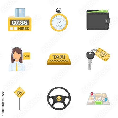 Set of icons about the taxi. A call taxi driver, Parking. Transportation around the city.Taxi icon in set collection on cartoon style vector symbol stock illustration.