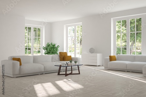 White room with sofa and green landscape in window. Scandinavian interior design. 3D illustration