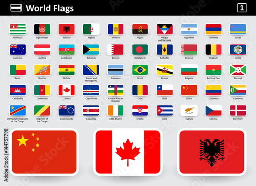 Flag icons of the world with names in alphabetical order - set 1. Flat style. Vector illustration.