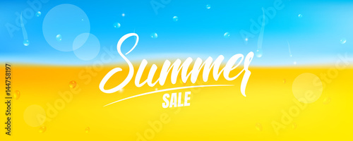 Summer sale banner . Banner with Summer calligraphy and beach with sand and ocean water