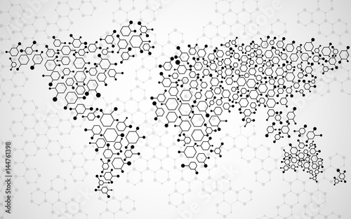 Abstract world map of hexagonal molecular structures. Vector