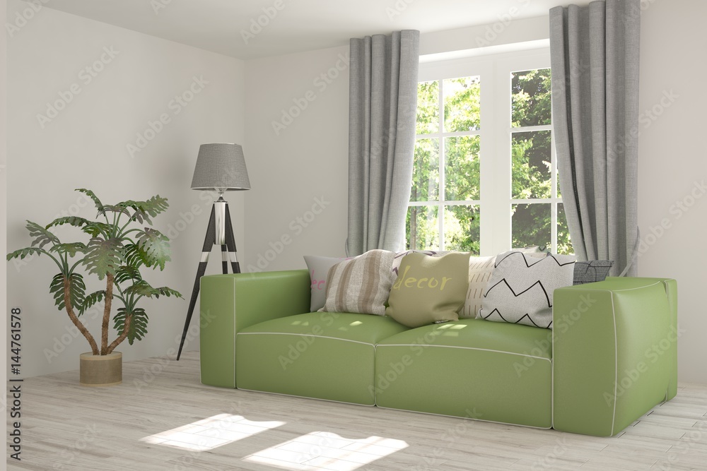 Fototapeta premium White room with sofa and green landscape in window. Scandinavian interior design. 3D illustration