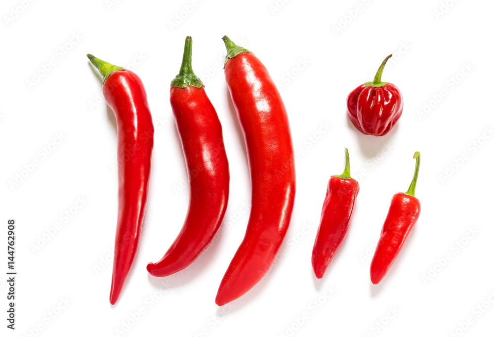 Different kind ofred hot chili pepper isolated on a white background