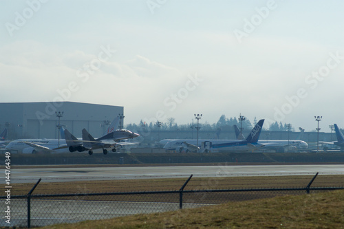 EVERETT, WASHINGTON, USA - JAN 26th, 2017: A brand new Ryanair Boeing 737-800 Next Gen MSN 44766, Registration EI-FTP returns from a successful test flight, landing at Snohomish County Airport or
