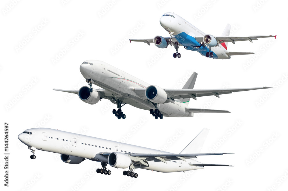 Set of three soaring aircraft isolated against background