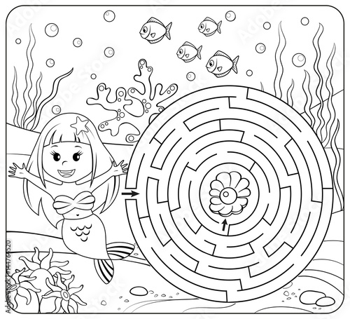 Help mermaid find path to pearl. Labyrinth. Maze game for kids. Coloring pag