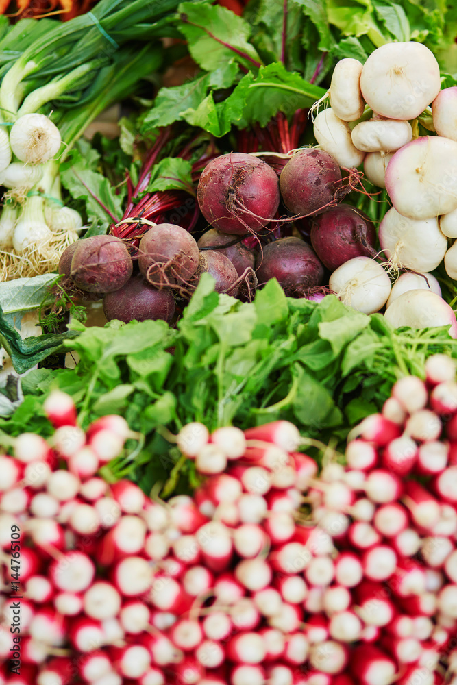 Fresh organic radish and beet-root on farmers market Fresh organic radish and beet-root on farmers market