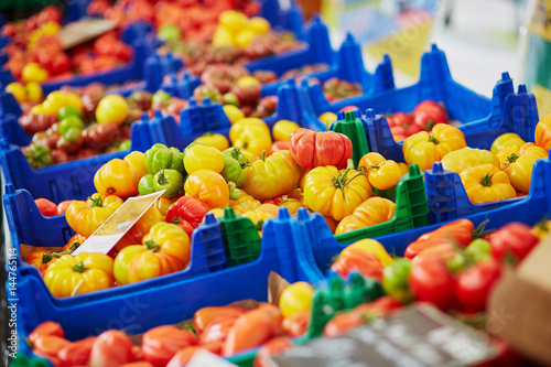 Fresh organic colorful tomatoes on farmers market