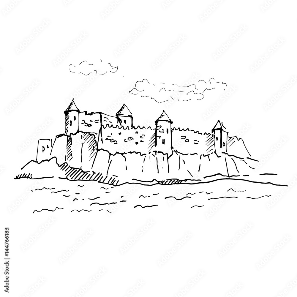 Hand drawn medieval castle sketch. Vector illustration.