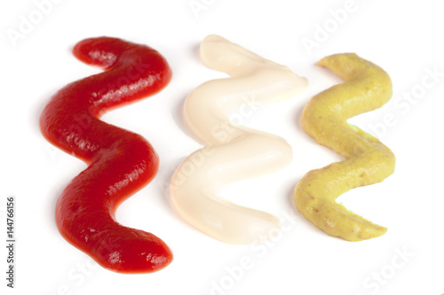 Ketchup mayonnaise and mustard isolated on white background