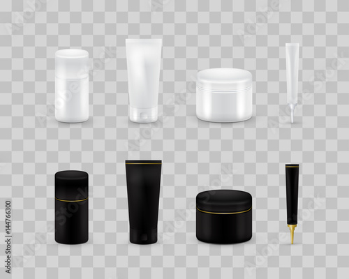 Blank cosmetic package collection set isolated on transparent checkered. Realistic cosmetic bottle mock up set. Shampoo and cream pack. Black and white color.